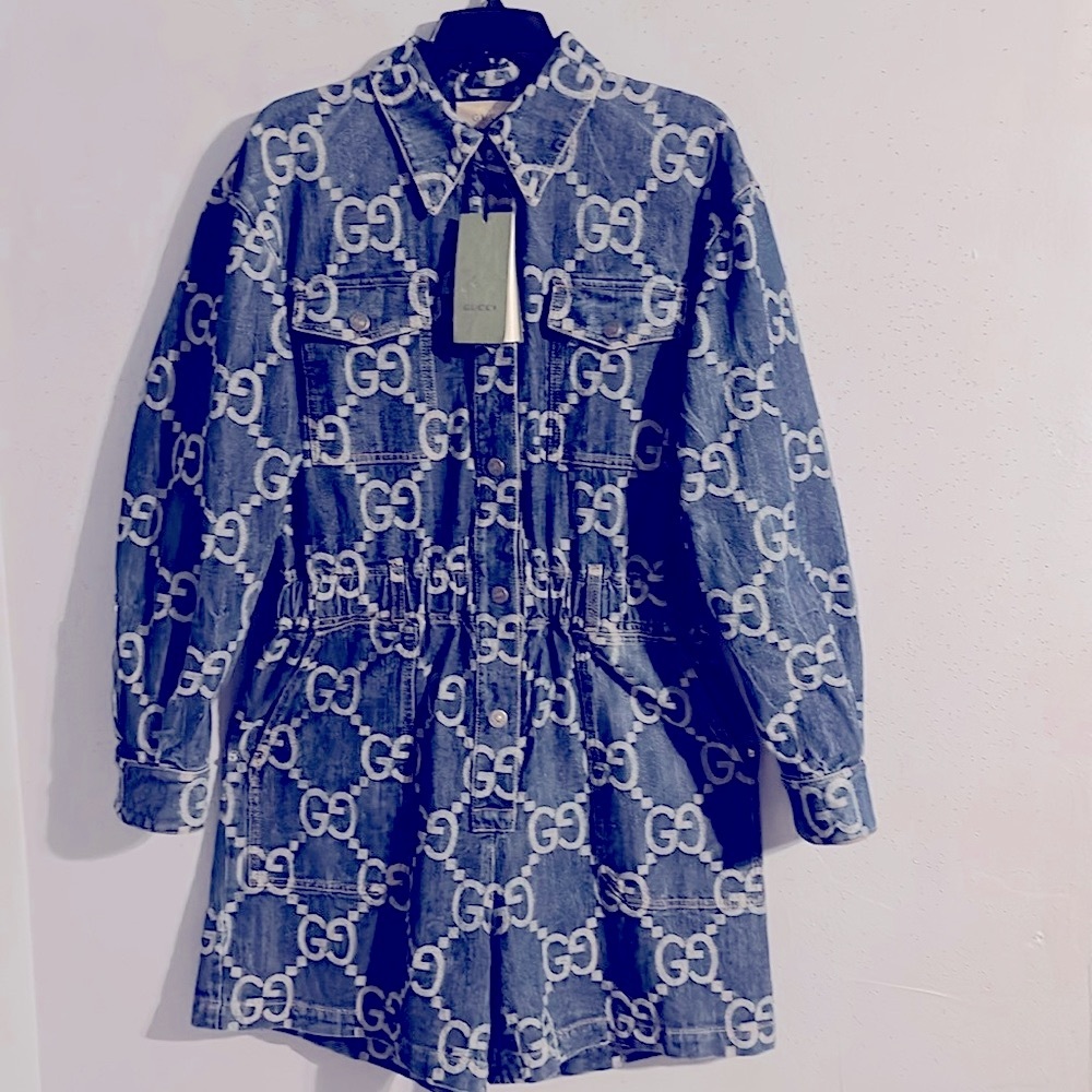 NWT Gucci Blue Jean Jumbo GG all over Playsuite with Iconic Monogram